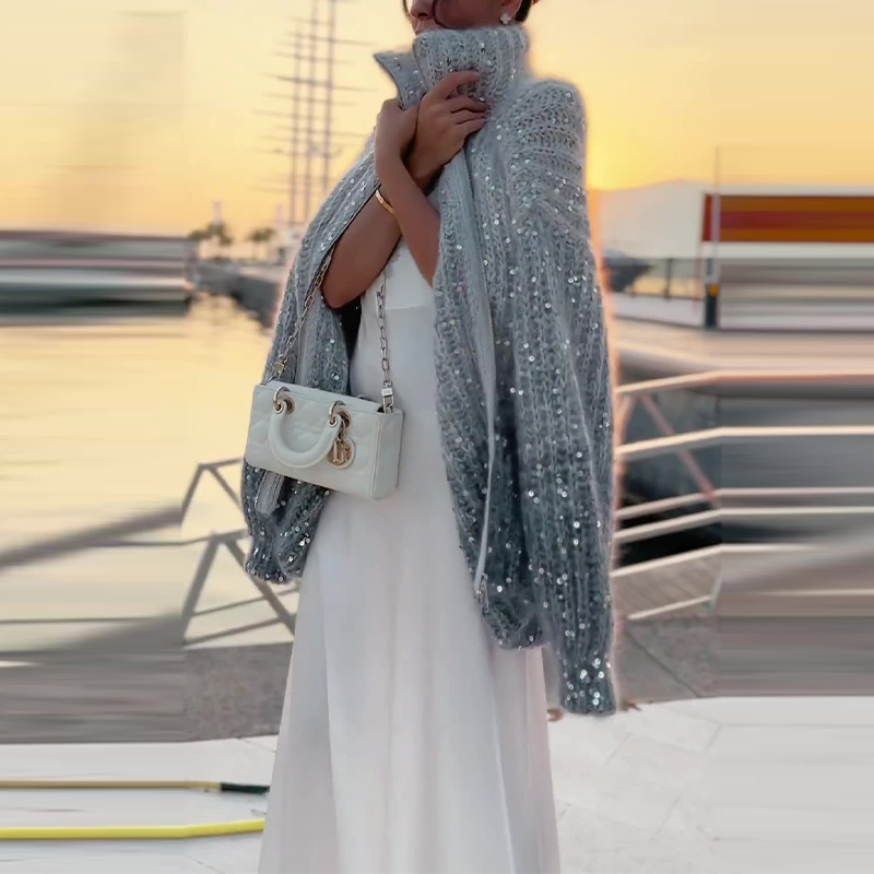 2025 Autumn/Winter New European and American Style Sequin Sweater Coat Lazy Style Long Sleeve Vintage Gentle Knitted Cardigan for Women