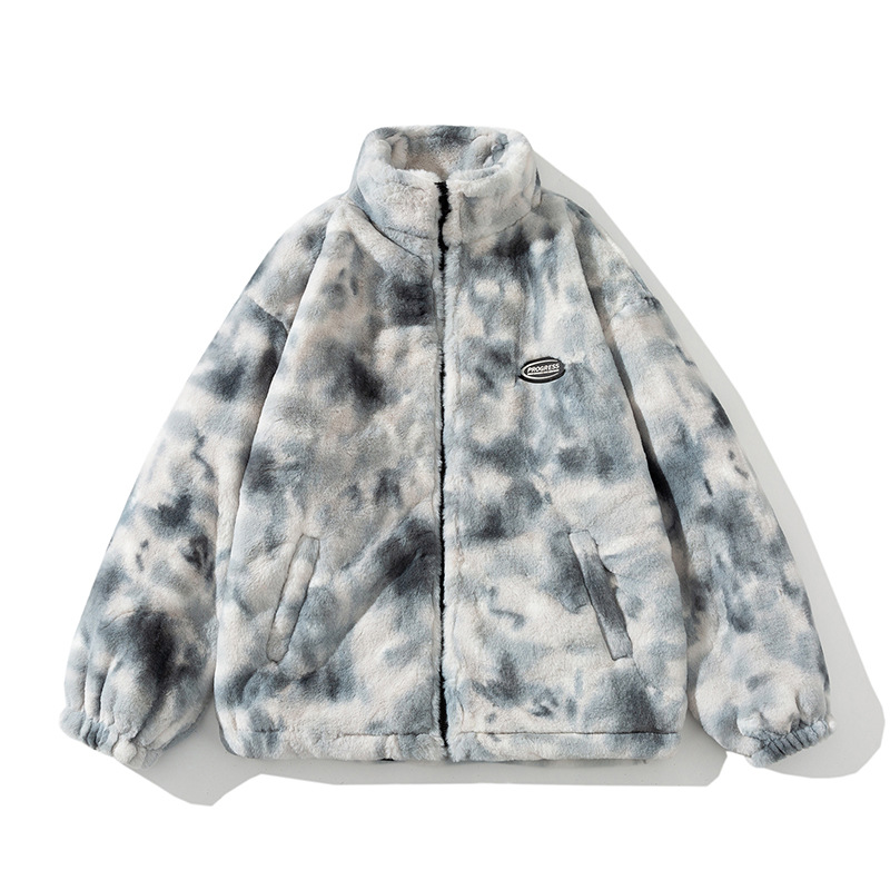 Men's Clothing 24 Winter Large Size Lazy Tie Dye Plush Thickened Retro Hip Hop Couple Clothes Korean Stand up Collar Cotton Clothes_voghion.com