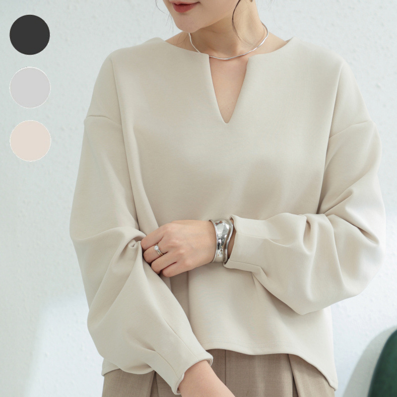 Real Shot Cotton 3 Color 2024 Winter Japanese Solid Color Loose V-neck Lantern Long Sleeve Sweatshirt Jacket for Women