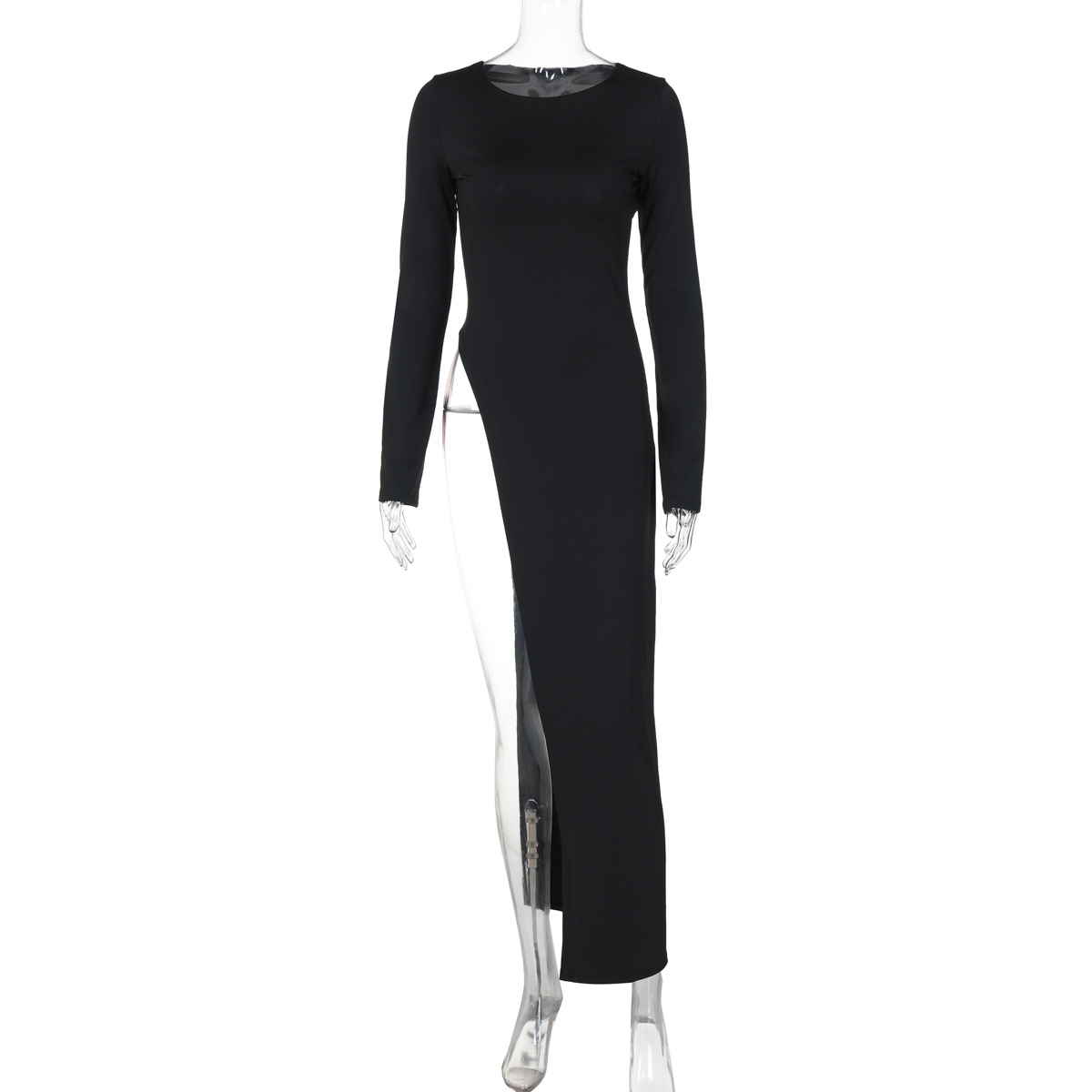 Round Neck Neckline Wholesale Women's Streetwear Slit Dress Solid Color Holiday Round Neck Long Sleeve Slit Dress