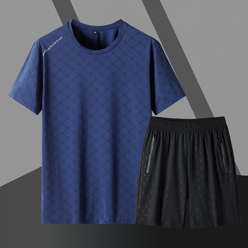 Traje deportivo de ocio de verano para hombre de seda de hielo de manga corta Camiseta pantalones cortos de dos piezas nuevo aire acondicionado de secado rápido conjunto corto venta al por mayor