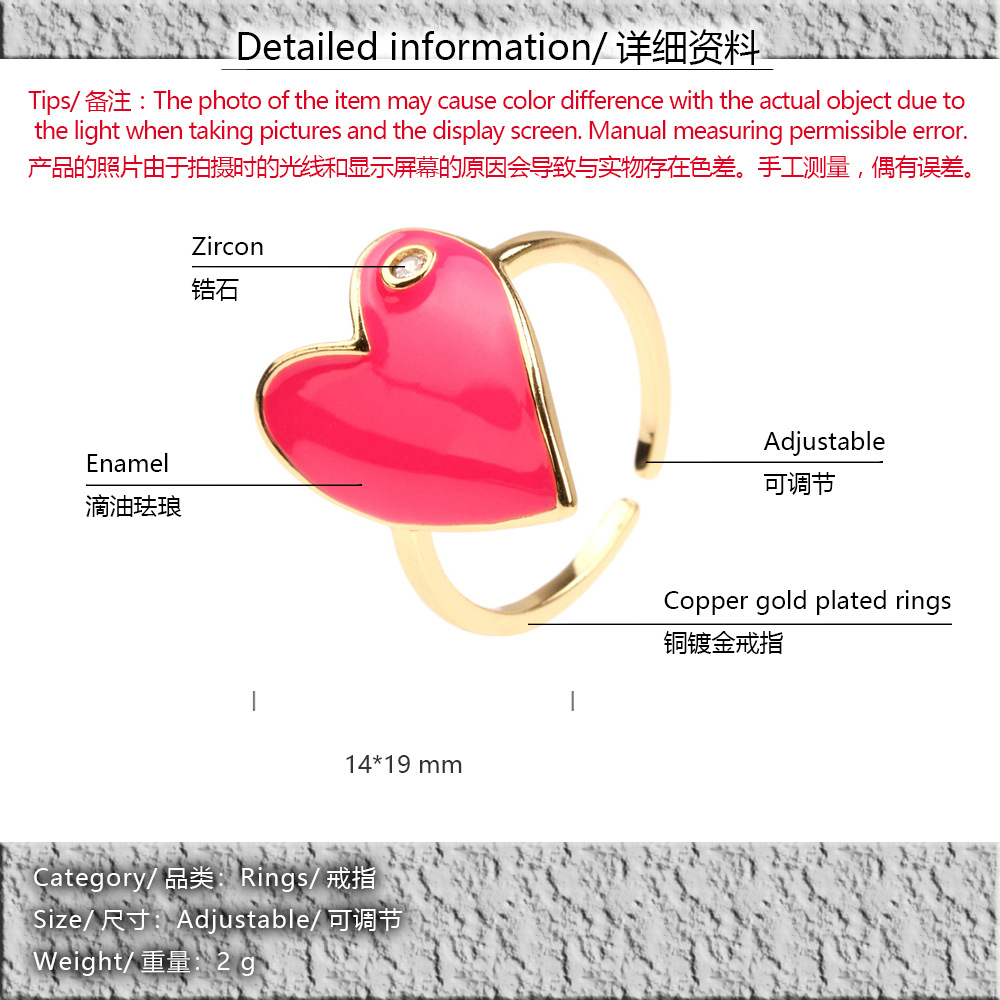 Color Dripping Oil Love Ring European And American Cross-border New Heart-shaped Zircon Copper Ring Fashion Accessories display picture 19