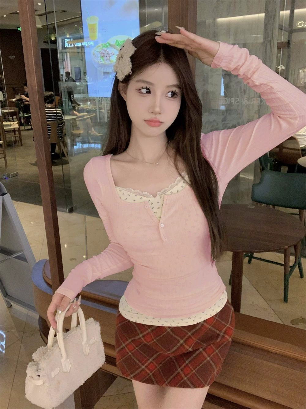 Long-sleeve lace floral base top, women's slim-fit French style, autumn/winter