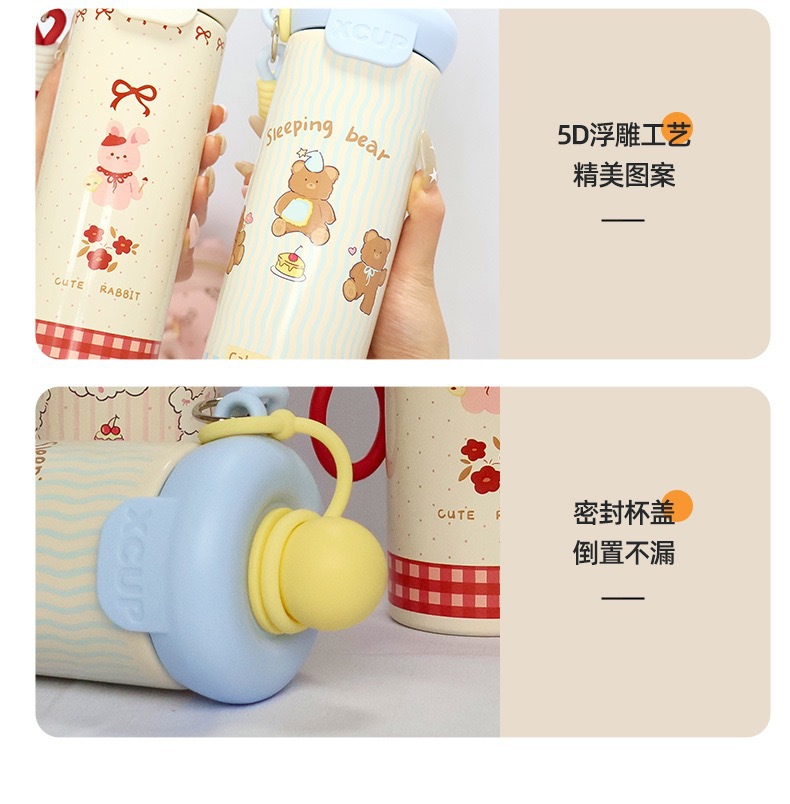 High-end 316 stainless steel floating ball thermos cup, large capacity cartoon cute sippy cup with straw, convenient water cup with carrying handle rope