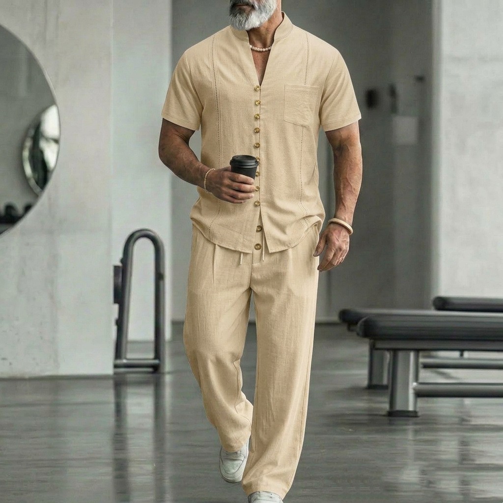 Herren Leinenhemd Mit Hose Set Lässiger Zweiteiler Für Männer_voghion.com