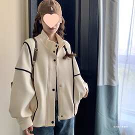 早春小个子立领棒球服卫衣女2025宽松开衫明线装饰含绒短外套