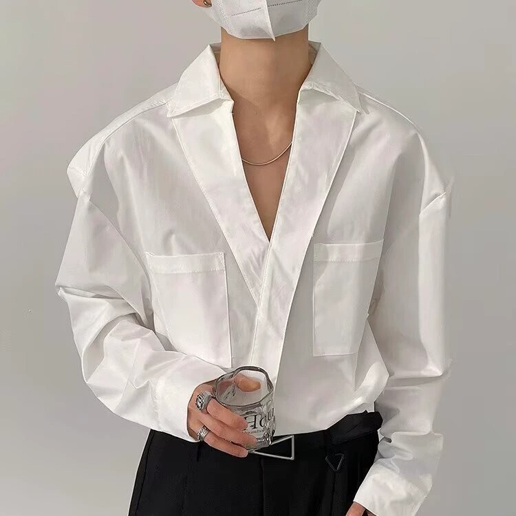 Spring and Autum Korean Style Fashionable Abstinence V-Neck High-End Design Pullover Long-Sleeved Shirt Men's Loose Shirt Trendy Spring and Autum Korean Style Fashionable Abstinence V-Neck High-End Design Pullover Long-Sleeved Shirt Men's Loose Shirt Trendy