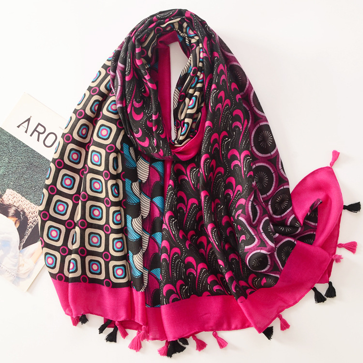 Nuevo Four Seasons versátil geométrico impreso suave satén de algodón bufanda larga otoño e invierno cálido chal decorativo de algodón y lino bufanda larga