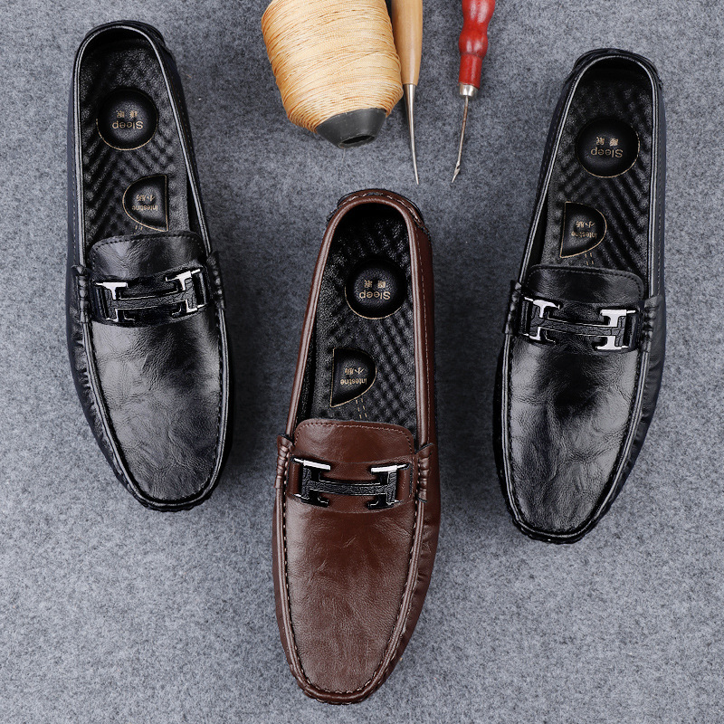 Transmisión en vivo de zapatos Bean para hombres de cuero de vaca transfronterizo de alta calidad zapatos de cuero H-buckle con una sola sola suave zapatos Lefour