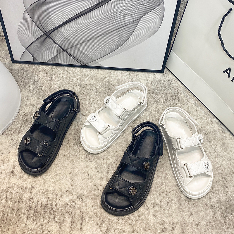 Tweed Style Sandals for Women 2024 New Fairy Style Genuine Leather Velcro Summer New Versatile Flats Women's Shoes Ins Trbottom~