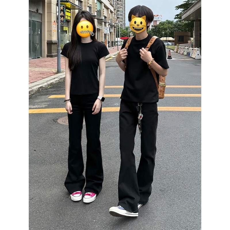 美式黑色微喇牛仔裤男款半松紧腰高街vibe直筒裤子修身显瘦弯刀裤|undefined