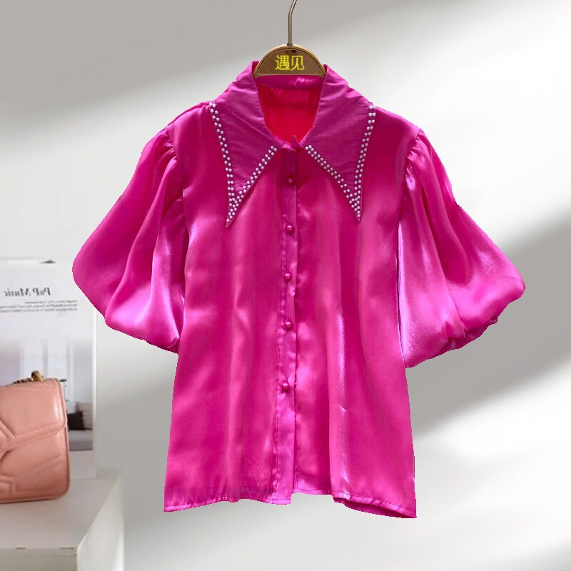 French Entry Luxury Socialite Beaded Doll Collar Lantern Sleeve Shirt Women's High-end Fashion Streamer Satin Cardigan Top