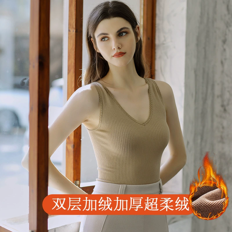 Новый стиль теплый жилет женский вертикальный узор V-образный вырез двухслойная флисовая подкладка утолщенная Женская бесшовная приталенная универсальная Базовая рубашка