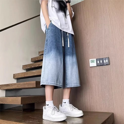 Black and gray denim capris men's summer thin loose straight over-the-knee shorts American retro washed wide-leg pants