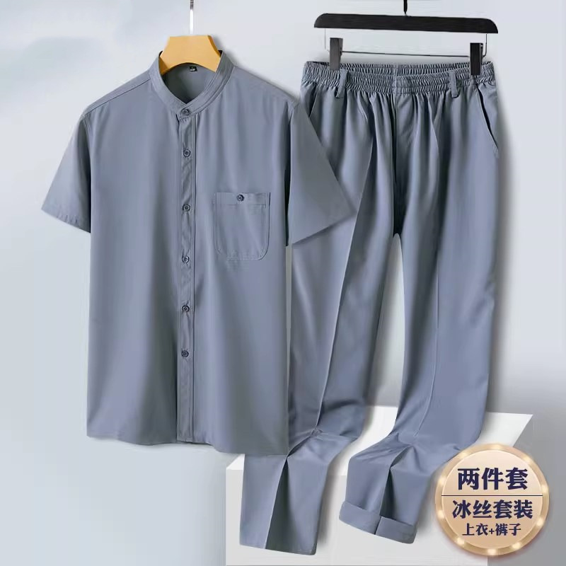 Middle-aged and elderly quick-drying two-piece suit men's summer thin short-sleeved shirt grandpa Ice Silk Loose dad shirt