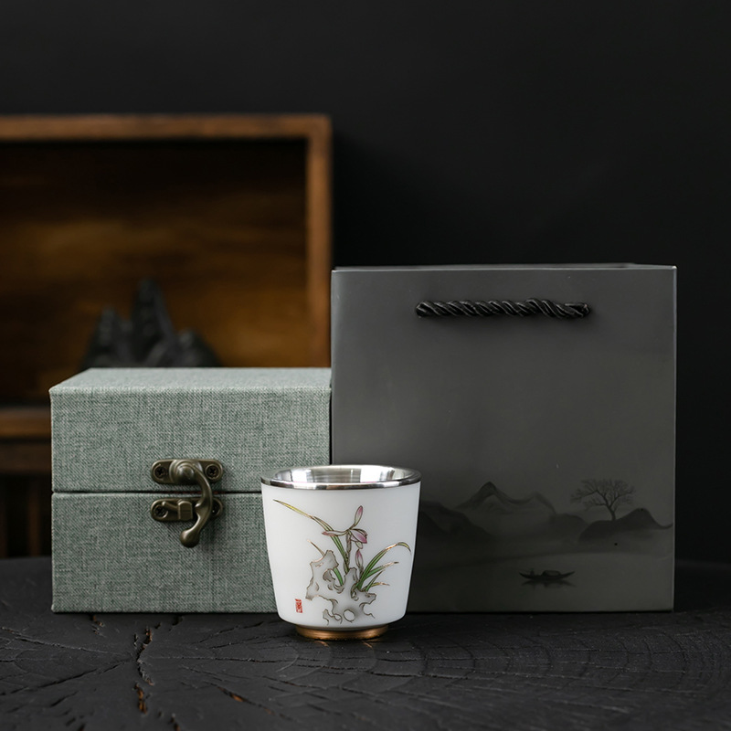 세라믹 가방 실버 컵 999 스털링 실버 마스터 컵 창조적 인 중국 세라믹 실버 차 컵 차 그릇 선물 도매