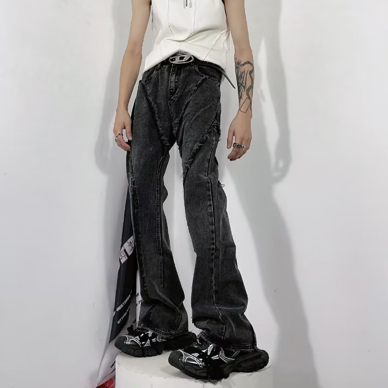American-style high-street vibe style high-grade washed black wax pants micro-horn pants jeans brushed coated pants men