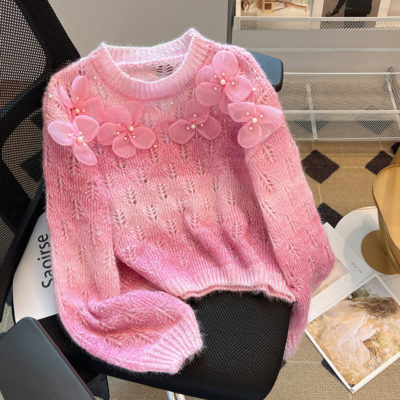 女性用グラデーションカラーセータージャケット、新しいデザインのビーズフラワーボトムシャツ、甘くて柔らかいワックス状セーター|undefined