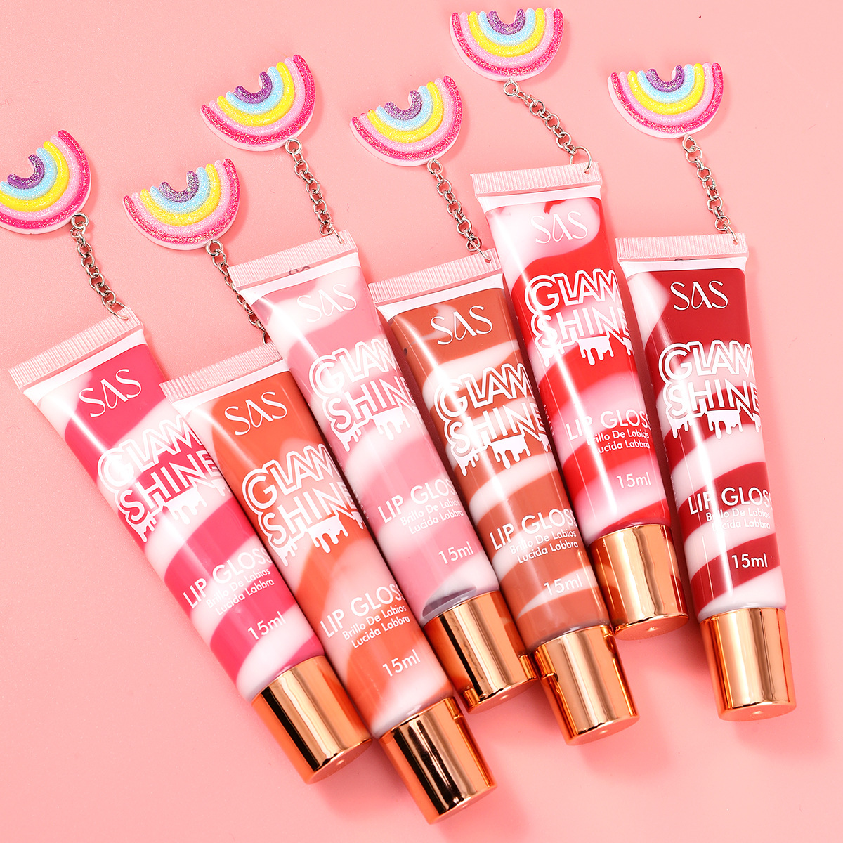 SAS Amazon estilo caliente transfronterizo 6 colores labios rojos de larga duración color esmalte de labios brillo de labios cinturón hidratante colgante de arco iris