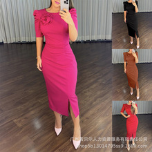 ODL2279欧美泡泡袖立体花朵褶皱开衩连衣裙