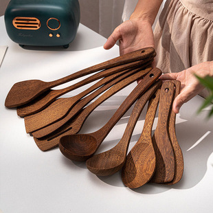 High Hardness Imported Chicken Wing Wood Spatula and Spoon Natural Household Paint-Free and Wax-Free Wooden Spatula Non-Stick Spatula Long Handle Spatula