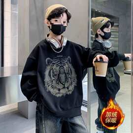 天才鲸 男童卫衣长袖秋冬新款学生卡通中大童春秋季韩版加绒上衣