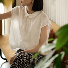 法式复古娃娃领两穿亚麻无袖衬衫女2025夏季新款设计感小飞袖上衣