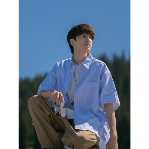 Japanese Striped Short-Sleeve Shirt for Men - Summer Cityboy Casual Stylish Collar Top, Trendy Brand Thin Jacket