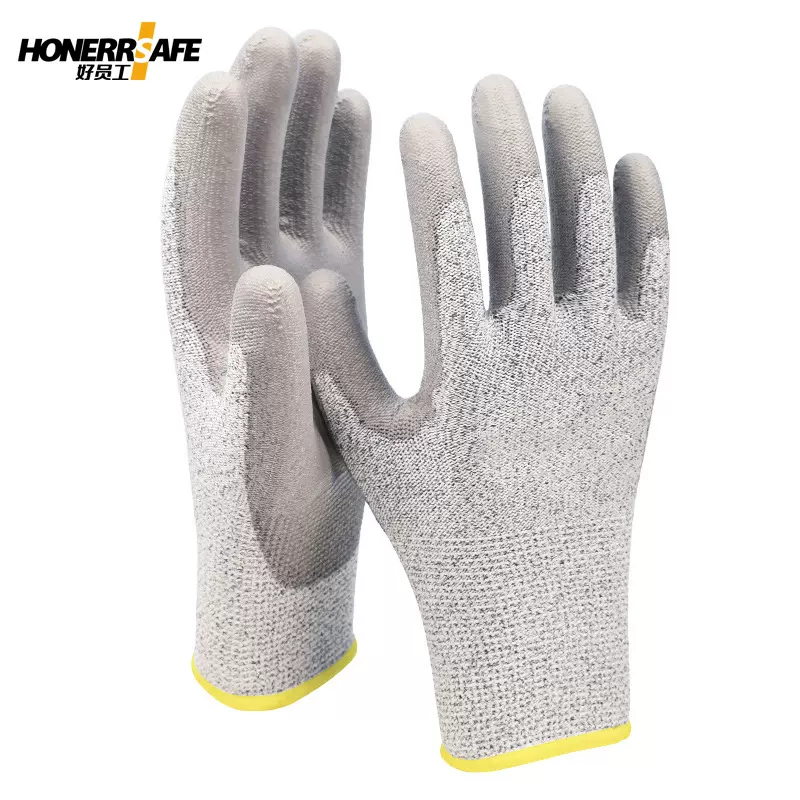 好员工PE104防割手套PU涂层防滑5级pu涂掌劳保防油污防护防割5级