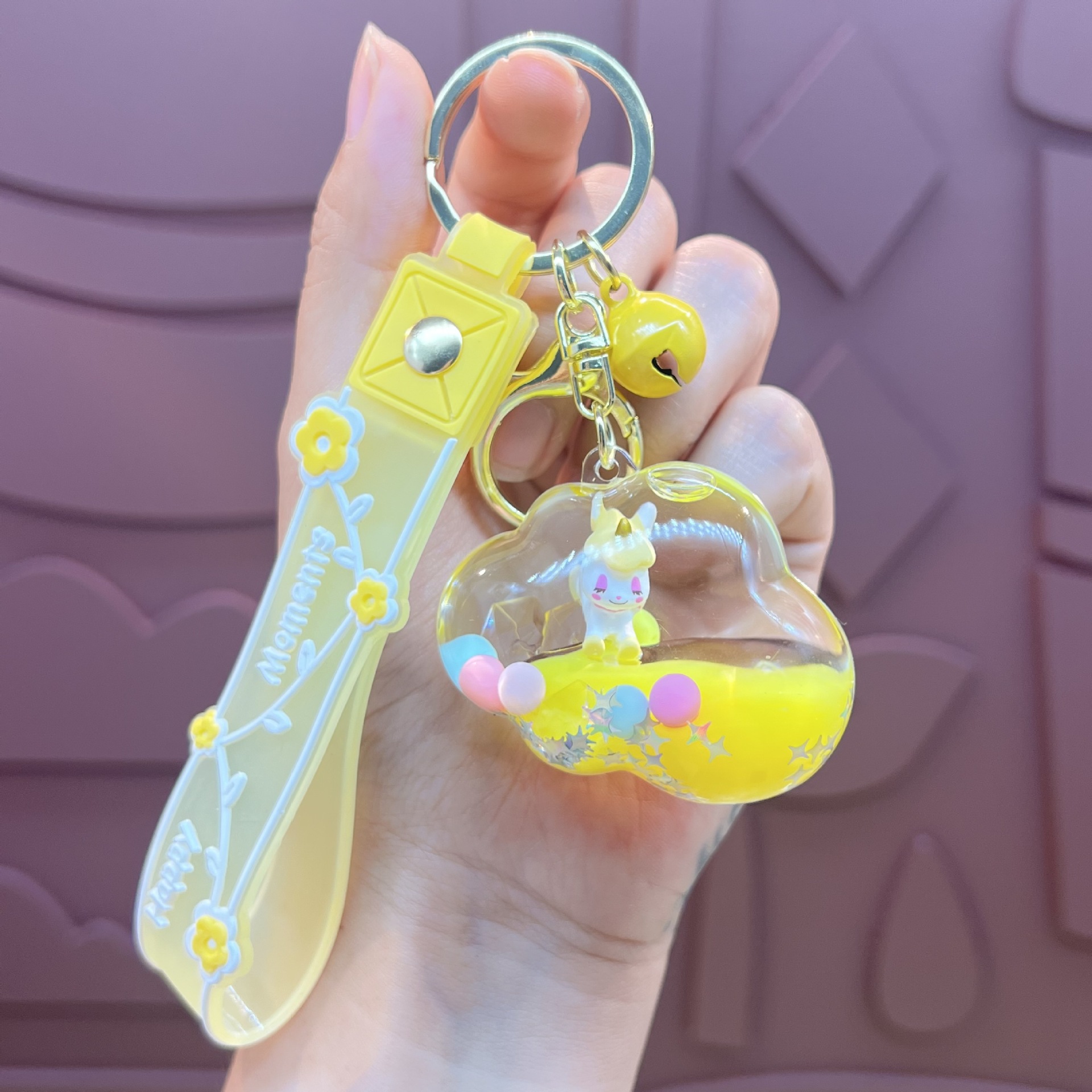 Púrpura estrella de cinco puntas líquido Quicksand llavero chica corazón flor de cerezo aceite colgante lindo tridimensional mochila adornos para mujeres