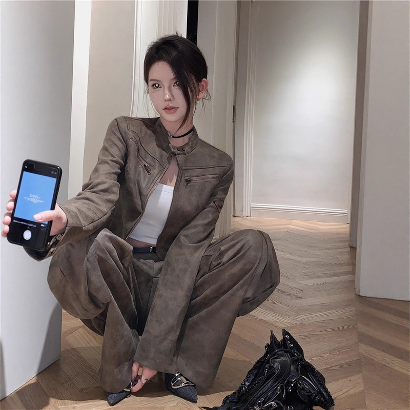 美式复古秋季短款机车服外套女春秋2025新款咖色帅酷气质夹克|undefined