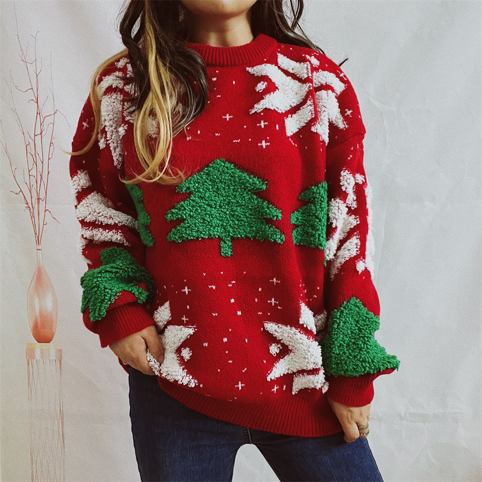 Amazon transfronterizo otoño e invierno nuevo árbol de Navidad jacquard cuello redondo manga larga engrosada Jersey de punto suéter de Navidad para las mujeres