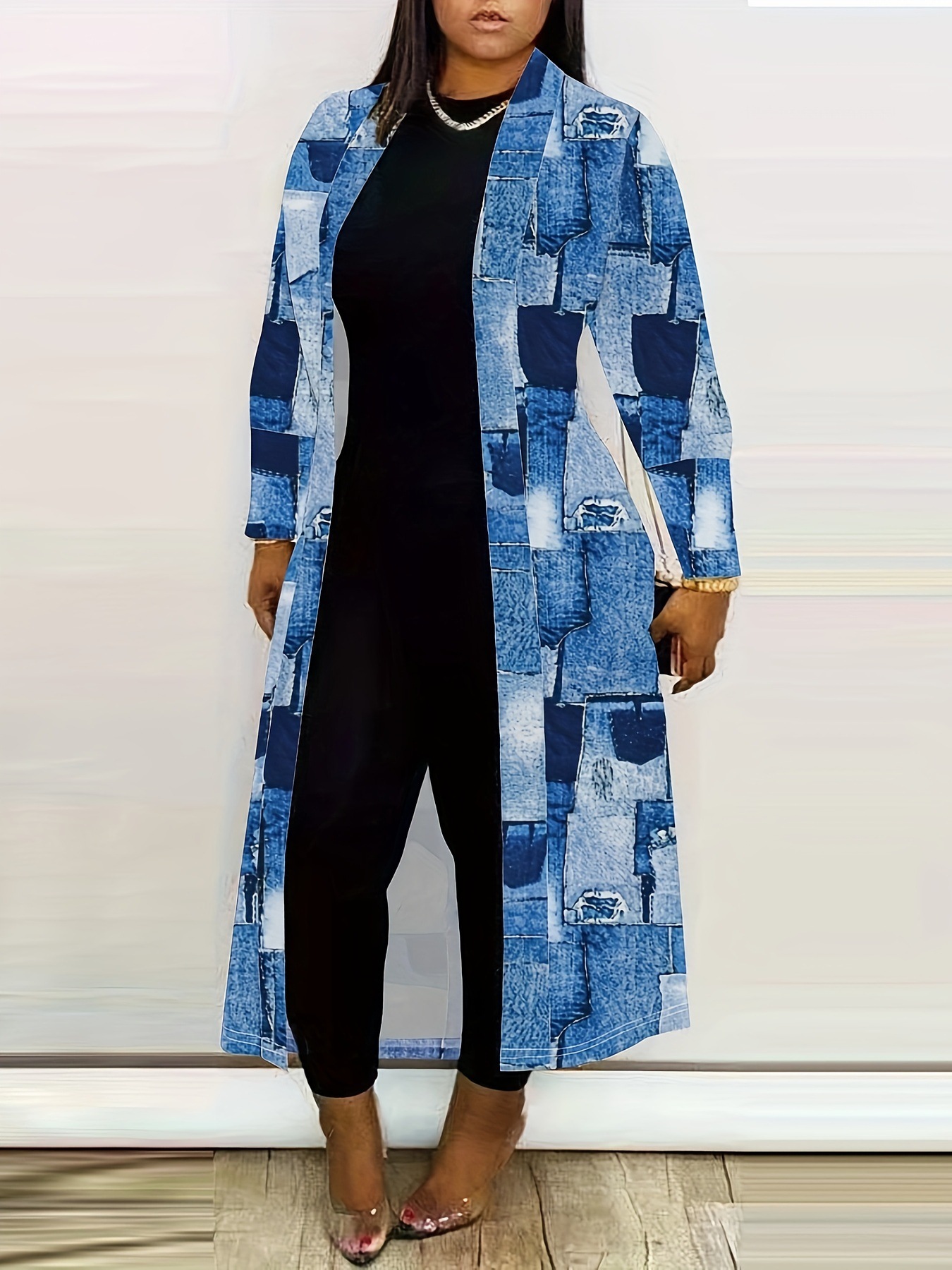 Giacca a vento lunga da donna con stampa denim - Giacca blu versatile senza collo con chiusura a zip integrale_voghion.com