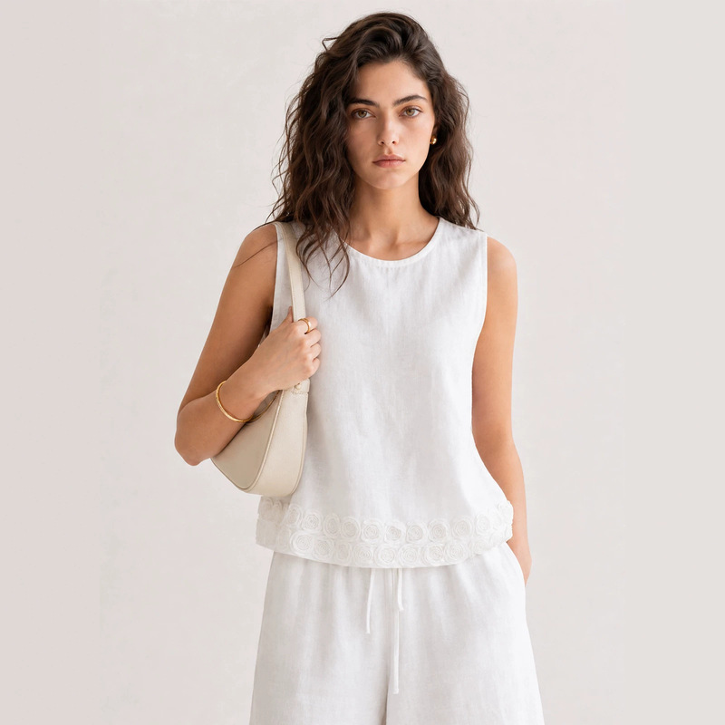 100% Linen French-Style Three-Dimensional Rose Embroidery Blouse for Women, Summer New Loose Sleeveless Lace Split Top