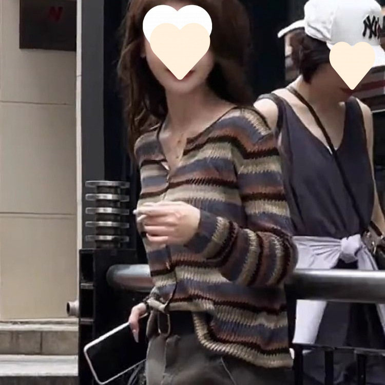 条纹针织开衫女薄款2025早秋新款大码胖mm慵懒宽松休闲长袖上衣女