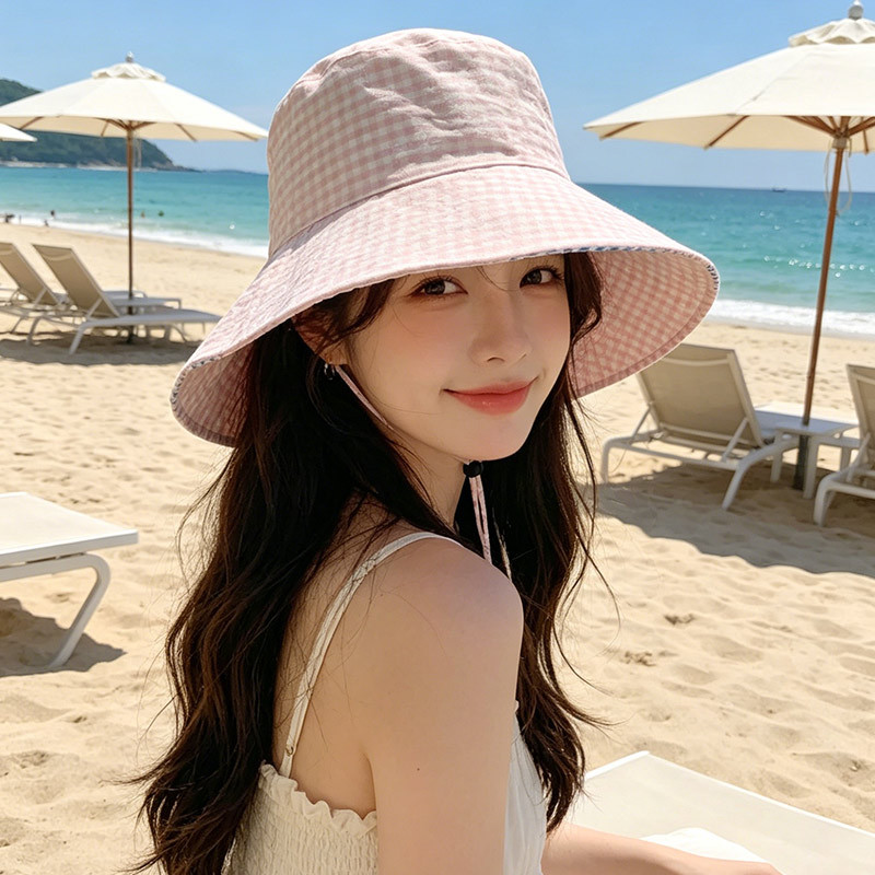 2026新款格纹渔夫帽女防晒遮阳盆帽春夏时尚百搭日系大沿格子帽子