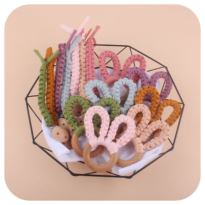 DIY bebé creativo Beech anillo mordedor pulsera juguete hecho a mano de algodón tejido orejas conejo dientes molienda palo