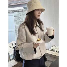 韩国chic春季复古减龄翻领正反两穿宽松百搭长袖条纹夹克短外套女