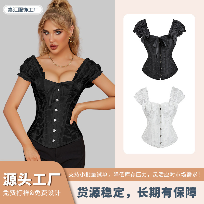 Cross-Border Bust-Enhancing Waist-Cinching Corset with Fishbone Support, Court-Style Puff Sleeves, Front Button Fastening, and Back Tie-Up Corset Cross-Border Bust-Enhancing Waist-Cinching Corset with Fishbone Support, Court-Style Puff Sleeves, Front Button Fastening, and Back Tie-Up Corset