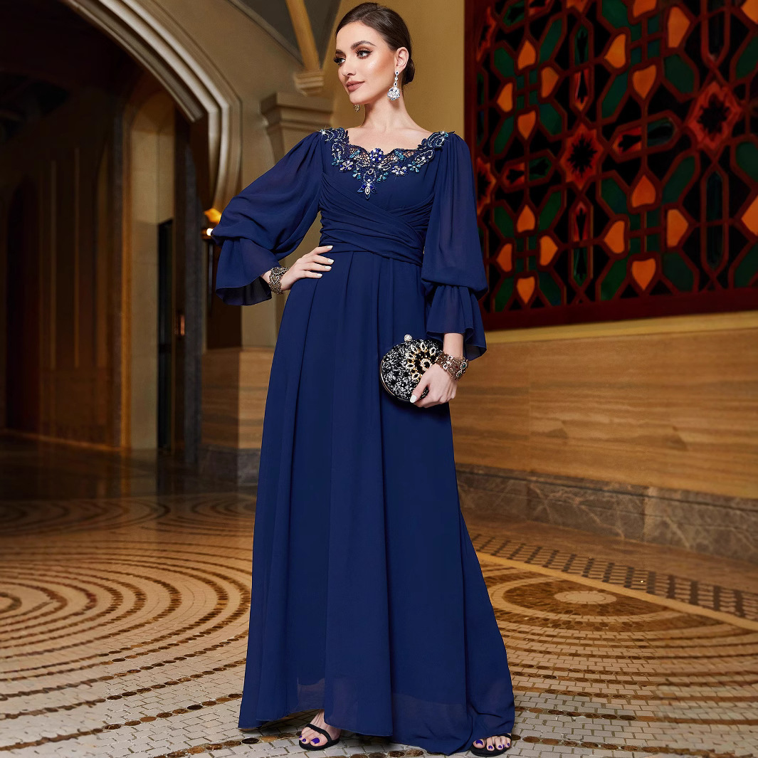 BA3122 Xizang Blue Chiffon Stitching Lace Collar Evening Dress Middle East Cross-border Hand-stitched Diamond Elegant Dress