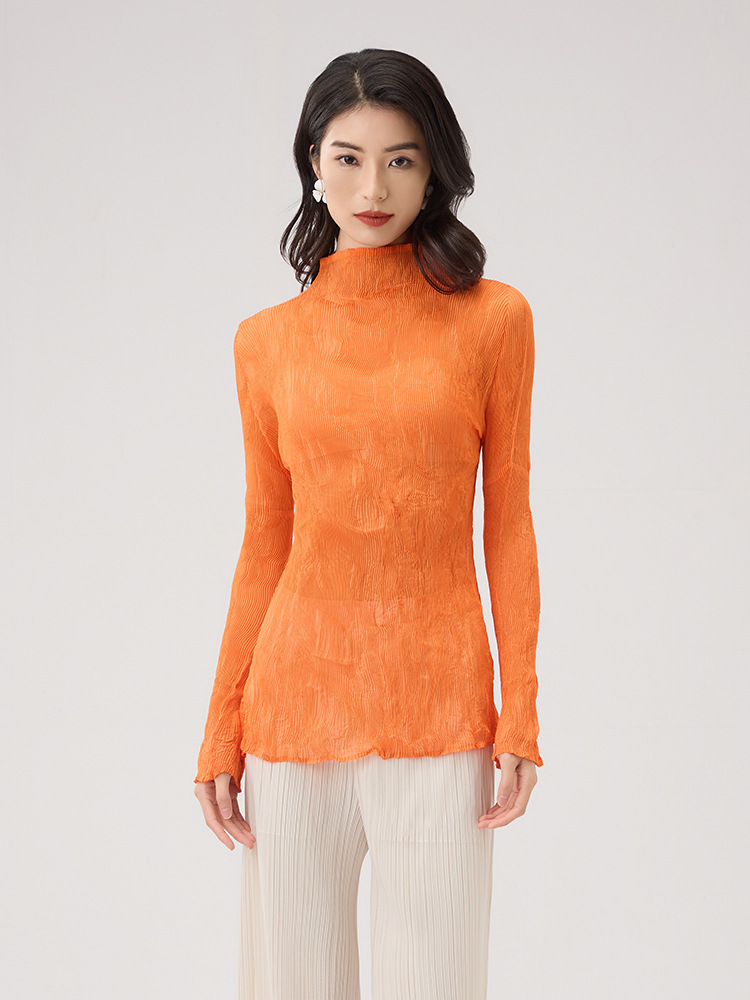 2025年プリーツトップス レディース 高級感 テンセル素材 透け感 レース 超伸縮性 スリムフィット 若見え 薄手Tシャツ