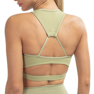 现货！跨境新款罗纹竖条纯色运动文胸防震聚拢高强度美背瑜伽文胸