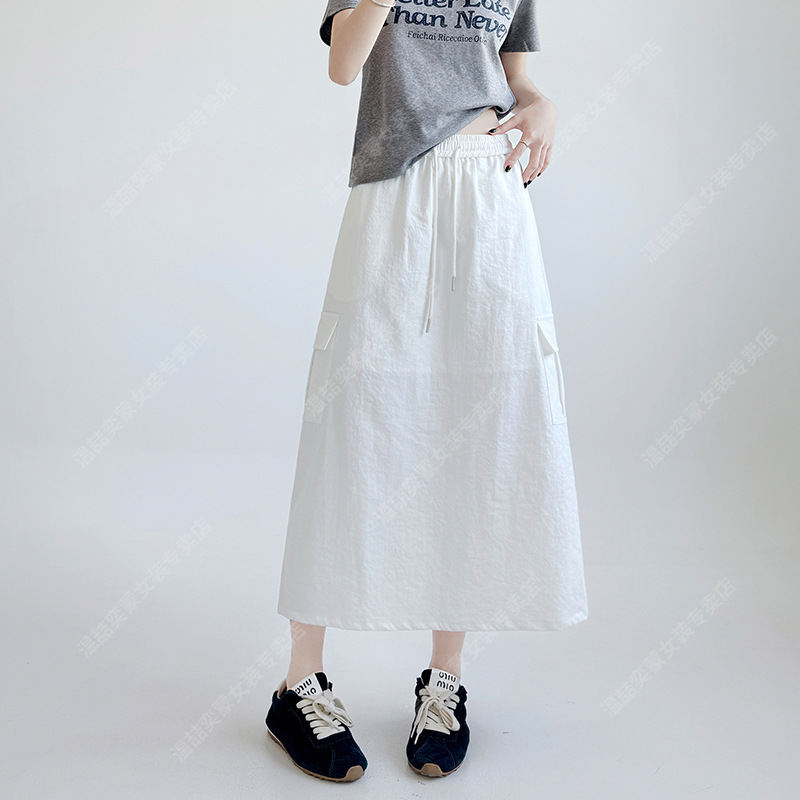 白色抽绳工装裙女夏季2025新款中长款开叉高腰显瘦a字美式半身裙|undefined