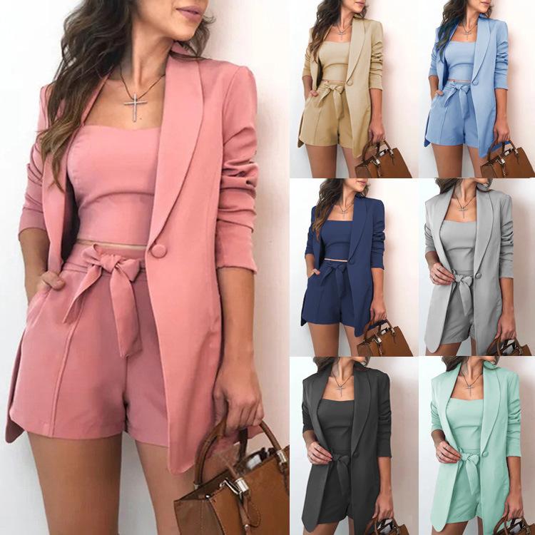 Amazon 2025 Spring and Summer Cross-Border Solid Color Vest Blazer Fashionable Temperament High Waist Shorts Three-Piece Set for Women