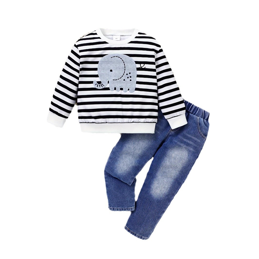 투피스 소년 줄무늬 코끼리 테이퍼 자수 크루 넥 긴 소매 스웨터 느슨한 허리 및 비스듬한 포켓 캐주얼 청바지