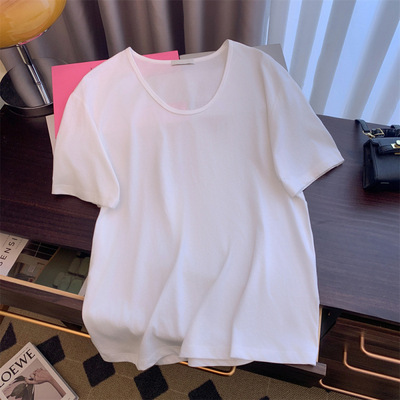 抖音新款夏季韩版女装纯色上衣U领宽松短袖T恤女薄款修身显瘦棉|ru