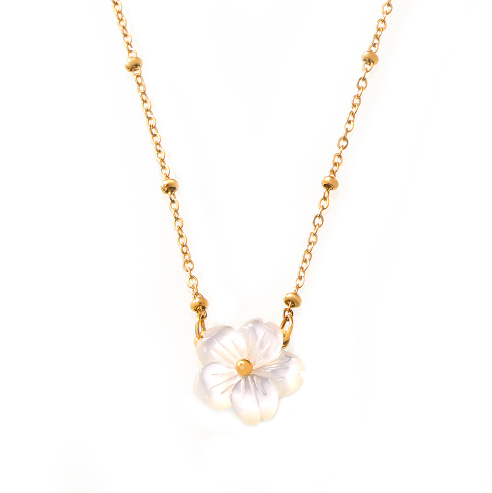 Chic Style Fashion Personality Elegant Temperament Cold Style Necklace White Seashell Flower Pendant Clip Bead Chain Titanium Steel Jewelry_voghion.com