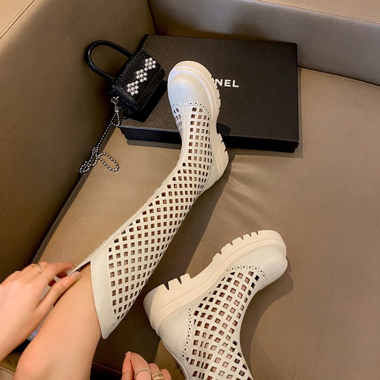 Boot nữ da bò đế dày cổ cao ống lưới — Màu nâu ống lớn, Màu đen cổ ống lớn, Ống nhỏ màu đen, Chu vi ống lớn màu trắng Be chi tiết 23