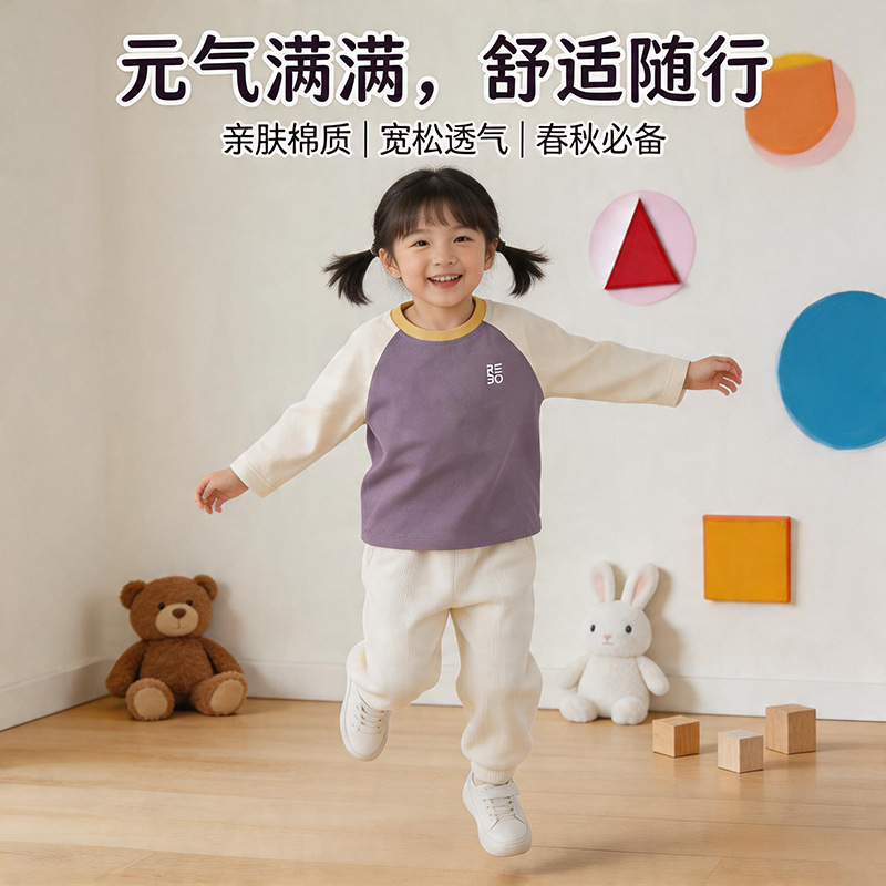 儿童打底衫春夏秋A类纯棉男童插肩袖长袖T恤宝宝舒适亲肤童装上衣