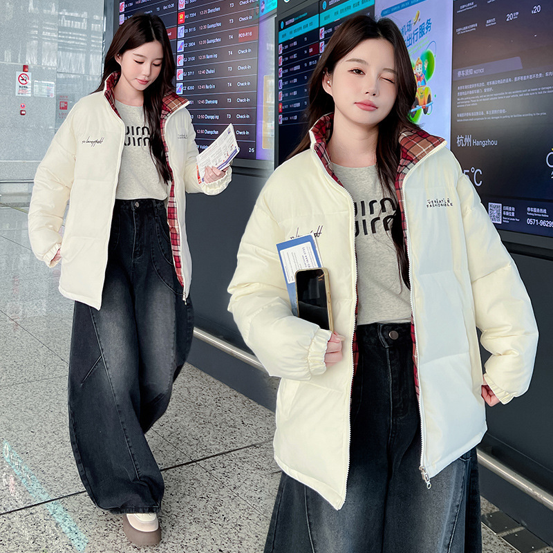 2025冬季新款立领拼接条纹棉衣棉服韩版宽松洋气简约棉袄女士外套|undefined